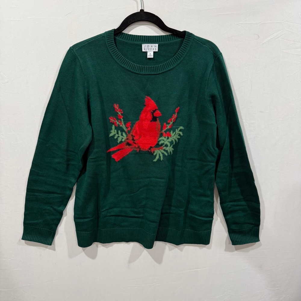 Joan Rivers Red Cardinal Christmas Sweater Green Cotton Blend Knit Womens Medium